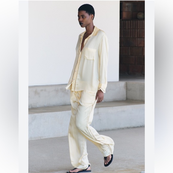 ZARA CO-ORD SATIN EFFECT EMBROIDERED SHIRT & PANTS SET - PASTEL YELLOW - Picture 7 of 8